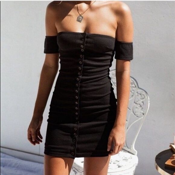 Sabo Skirt Black Ribbed Off Shoulder Bodycon Dress Size Large - Picture 1 of 5